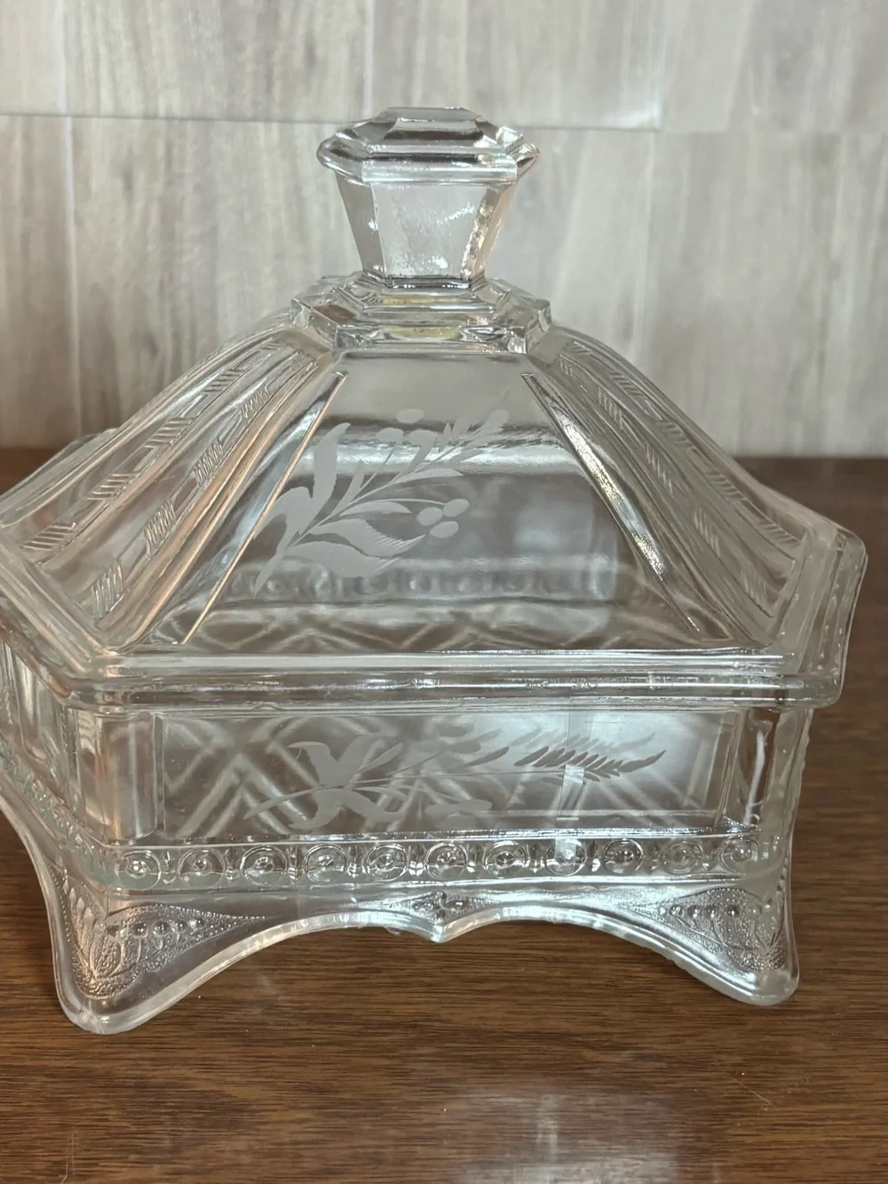 Vintage Clear Pressed Glass Footed Trinket Box with Elegant Etched Floral Design